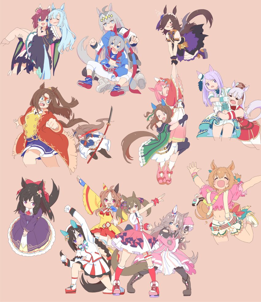 &gt;_&lt; 6+girls =_= absurdres ahoge animal_ears armband ascot belt black_dress black_gloves black_hair black_thighhighs blue_footwear blue_gloves blue_hair blue_jacket blue_shirt blue_skirt blush boots bow bowtie braid breasts brown_footwear brown_hair brown_headwear camera carrying clenched_hand closed_mouth coat commentary_request copano_rickey_(umamusume) crop_top cropped_jacket crown_braid daiichi_ruby_(umamusume) domino_mask double_bun dress ear_covers el_condor_pasa_(umamusume) eye_trail fingerless_gloves flower flying flying_sweatdrops frilled_hairband frills gloves gold_ship_(umamusume) grass_wonder_(umamusume) green_coat grey_hair hair_bow hair_bun hair_flower hair_ornament hair_over_one_eye hairband haru_urara_(first_urara_saku_sakura)_(umamusume) haru_urara_(umamusume) hat headband highres hokko_tarumae_(umamusume) holding holding_polearm holding_weapon horse_ears horse_girl horse_tail hug jacket japanese_clothes jitome kimono king_halo_(umamusume) kneehighs kogomiza large_breasts light_trail long_hair long_sleeves looking_at_another looking_at_viewer mask mejiro_ardan_(umamusume) mejiro_mcqueen_(end_of_sky)_(umamusume) mejiro_mcqueen_(umamusume) midriff mini_hat mini_top_hat multicolored_hair multiple_girls multiple_views naginata navel off-shoulder_dress off_shoulder oguri_cap_(umamusume) one_side_up open_mouth orange_background orange_hair pants pink_coat pink_hair pink_shirt pink_top polearm ponytail princess_carry purple_dress purple_eyes purple_hair red_ascot red_dress red_eyes red_kimono rice_shower_(make_up_vampire!)_(umamusume) rice_shower_(umamusume) sakura_chiyono_o_(umamusume) sandals shirt shoes short_hair short_shorts shorts simple_background sitting skirt small_breasts smart_falcon_(umamusume) smile sneakers socks streaked_hair suspenders taiki_shuttle_(bubblegum_memories)_(umamusume) taiki_shuttle_(umamusume) tail tamamo_cross_(umamusume) thighhighs top_hat twin_braids twintails umamusume v-shaped_eyebrows weapon white_background white_dress white_footwear white_gloves white_headwear white_jacket white_pants white_shorts white_skirt white_socks wonder_acute_(umamusume) wrist_cuffs wristband yellow_dress yellow_eyes yellow_shirt