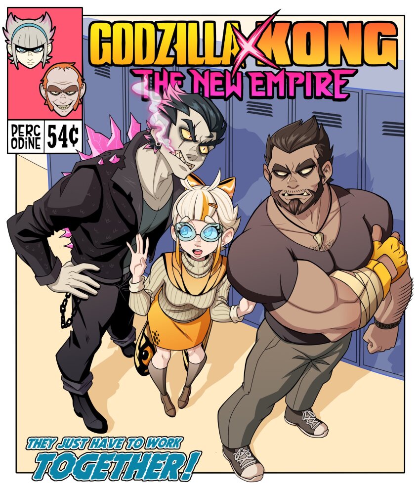 2girls 3boys bara beard black_footwear bow boy_sandwich brown_hair colored_sclera commentary crossover dark_skin english_commentary english_text facial_hair full_body godzilla godzilla_(monsterverse) godzilla_(series) godzilla_evolved godzilla_vs._kong godzilla_x_kong:_the_new_empire hair_bow highres humanization indoors jacket king_kong king_kong_(series) kong_(monsterverse) legendary_pictures locker male_focus monsterverse mothra multicolored_hair multiple_boys multiple_girls muscular muscular_male parody percodine sandwiched scales scar scar_across_eye scar_on_face shimo_(monsterverse) shoes simple_background skar_king thick_eyebrows toho two-tone_hair western_comics_(style) white_hair yellow_sclera