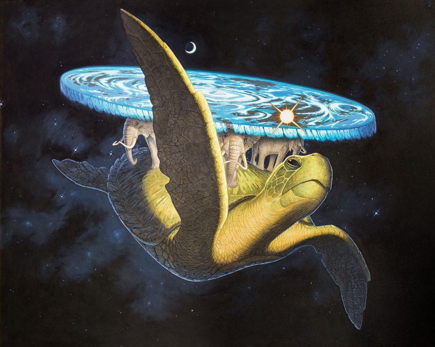 closed_mouth commentary crescent_moon discworld elephant english_commentary highres moon no_humans official_art paul_kidby sky space star_(sky) starry_sky turtle
