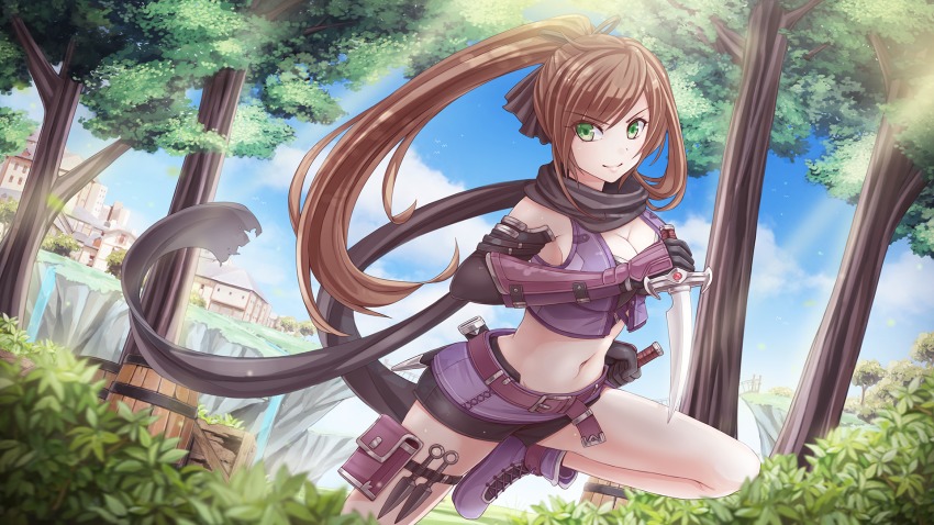 1girl belt bike_shorts breasts brown_hair cleavage crop_top crystalline dagger dual_wielding dutch_angle elbow_gloves female_focus gloves green_eyes hair_ribbon highres holding kara_noir knife kunai large_breasts light_smile lips long_hair microskirt ninja ponytail pouch reverse_grip ribbon running scarf shorts shorts_under_skirt skirt solo sunimu thigh_pouch vambraces weapon