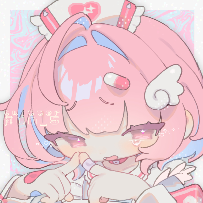 1girl ahoge apron armband bandaid bandaid_on_hand blue_dress blue_hair blush choker crying crying_with_eyes_open distortion dress fang frilled_apron frills hair_intakes hair_ornament hat heart highres idolmaster idolmaster_cinderella_girls index_fingers_together multicolored_hair nurse_cap open_mouth pill_hair_ornament pink_armband pink_choker pink_eyes pink_hair portrait short_hair sparkle sparkling_eyes tears tendoshi twitter_username two-tone_hair white_apron wing_hair_ornament wrist_cuffs yumemi_riamu zipper