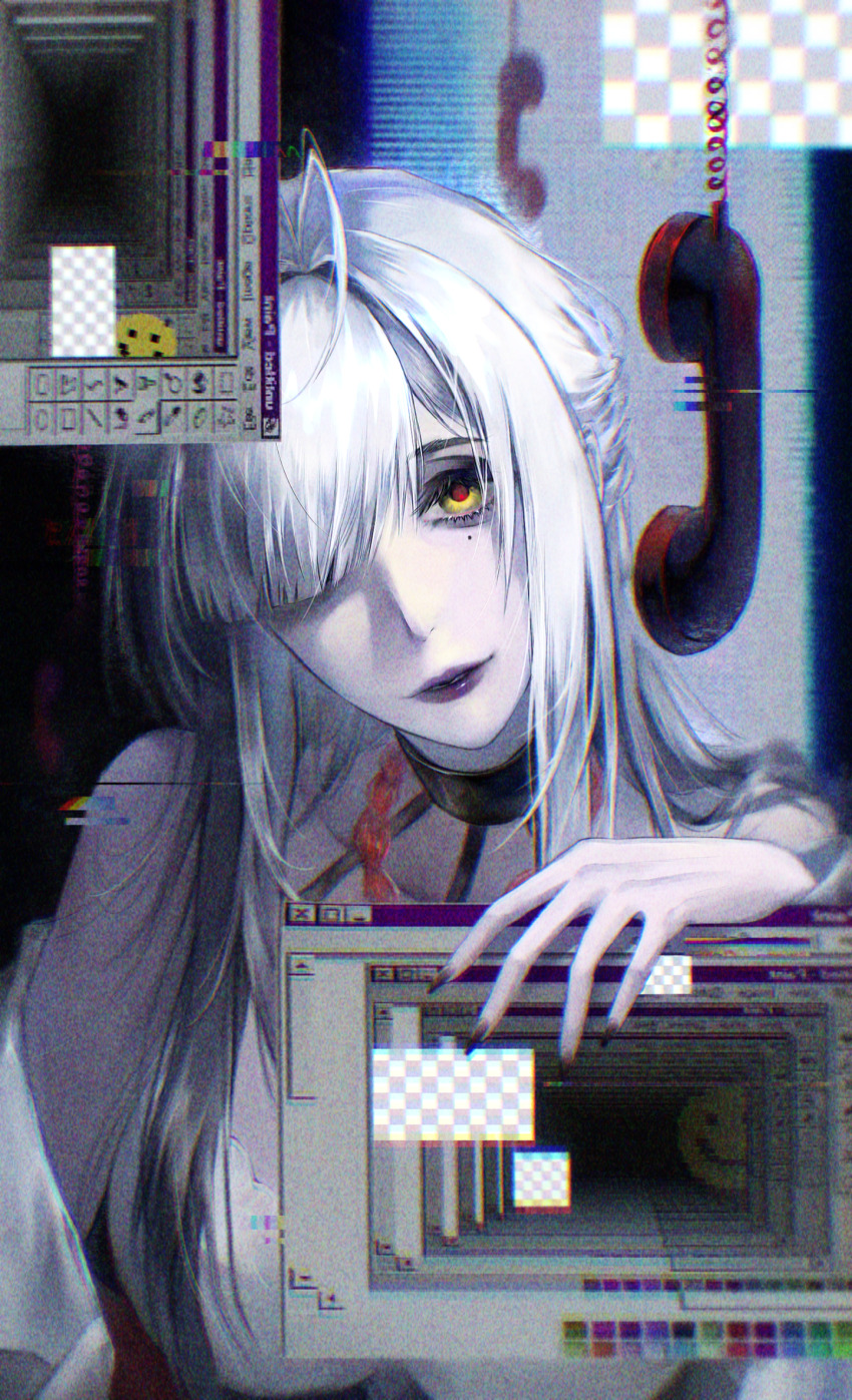 1girl antenna_hair asymmetrical_bangs bare_shoulders black_nails chinese_commentary collarbone commentary_request corded_phone eleven_(path_to_nowhere) fingernails glitch hair_intakes hair_over_one_eye half_updo head_tilt highres ko_no_maoyu_da looking_at_viewer microsoft_paint_(software) mole mole_under_eye nail_polish one_eye_covered pale_skin partial_commentary path_to_nowhere phone purple_lips red-eye_effect sharp_fingernails smile smiley_face solo upper_body white_hair yellow_eyes