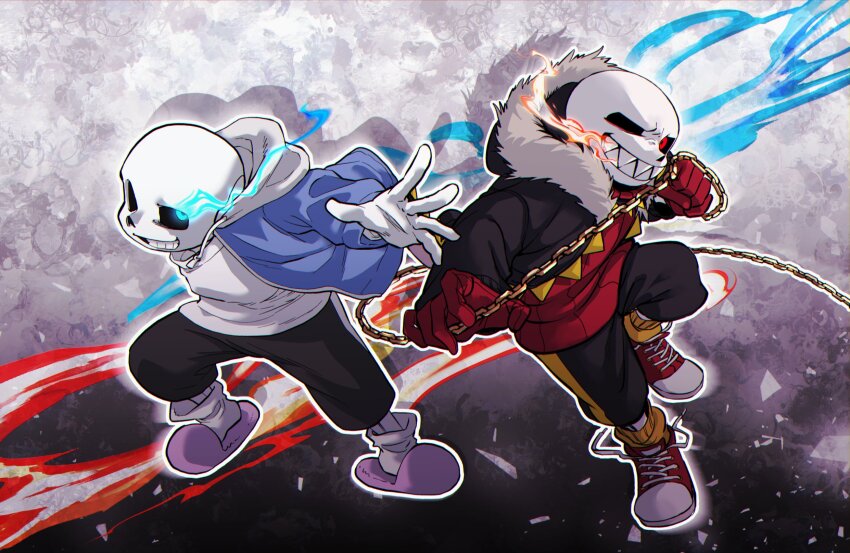 2boys ahin_vpv black_sclera black_shorts blue_jacket chain colored_sclera dual_persona fur_trim glowing glowing_eye grin highres holding holding_chain hood hoodie jacket male_focus multiple_boys one_eye_closed pink_slippers red_eyes red_shoes sans_(undertale) shoes shorts skeleton slippers smile teeth undertale white_eyes