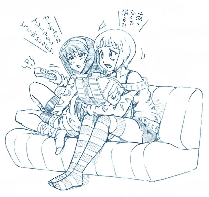 bbb_(friskuser) blue_theme controller couch cutlass_(girls_und_panzer) girls_und_panzer girls_und_panzer_saishuushou hairband long_hair long_sleeves mark_iv_tank military military_vehicle monochrome motor_vehicle multiple_girls off_shoulder open_mouth pillow reizei_mako remote_control short_hair shorts tank translated