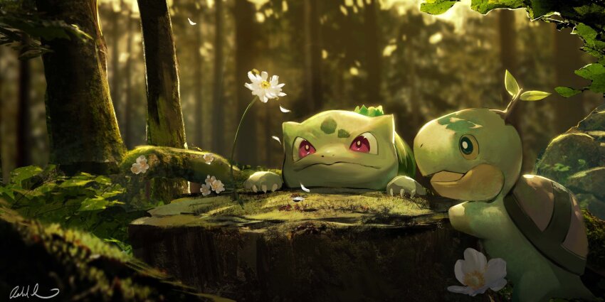 bulbasaur creatures_(company) flower forest game_freak gen_1_pokemon gen_4_pokemon highres looking_at_flowers nature nintendo no_humans outdoors pokemon pokemon_(creature) rat_chuuu red_eyes tree_stump turtwig white_flower