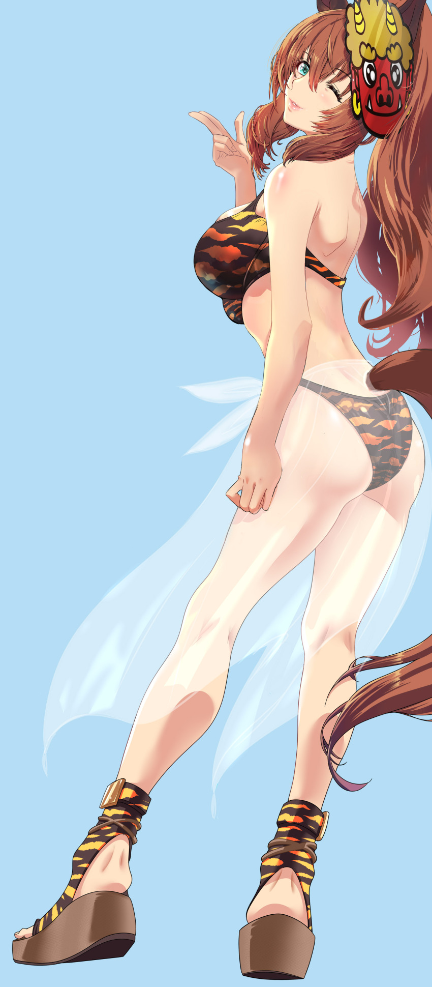 1girl absurdres alternate_costume animal_ears ass bikini blowing_kiss blue_eyes blurry blurry_background breasts brown_hair commentary_request full_body hair_between_eyes hair_ornament highres horse_ears horse_girl kazakoshi_nonta large_breasts looking_at_viewer looking_back maruzensky_(umamusume) sandals setsubun simple_background solo standing swimsuit tracen_swimsuit umamusume