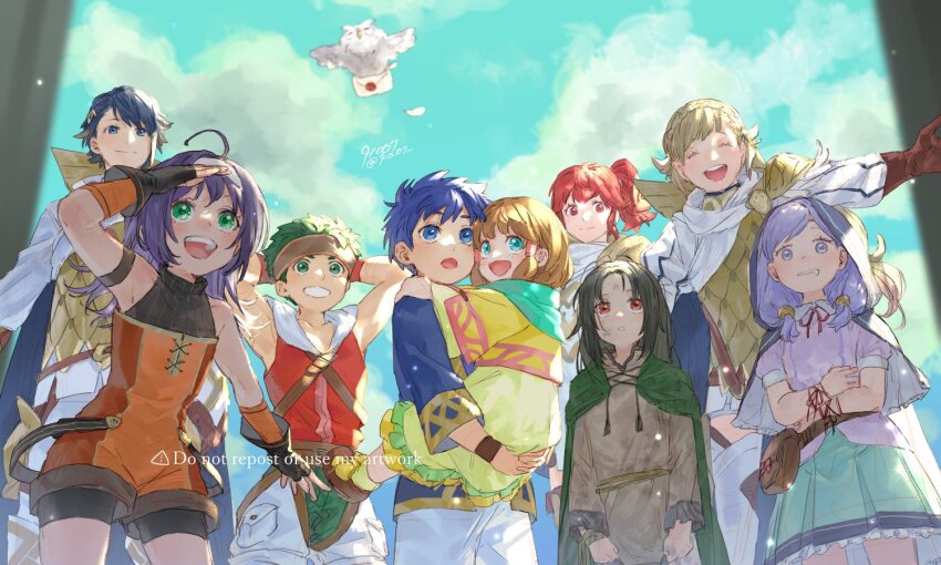 4boys 5girls 91007 alfonse_(fire_emblem) anna_(fire_emblem) armpits arms_behind_head artist_name bird black_hair blonde_hair blue_eyes blue_hair boyd_(fire_emblem) boyd_(future_great)_(fire_emblem) brother_and_sister brown_hair cape child commentary_request facial_mark feh_(fire_emblem_heroes) fire_emblem fire_emblem:_path_of_radiance fire_emblem_heroes forehead_mark green_eyes green_hair hair_tubes hands_on_own_stomach hood hoodie ike_(close-knit_siblings)_(fire_emblem) ike_(fire_emblem) ilyana_(awakened_appetite)_(fire_emblem) ilyana_(fire_emblem) long_hair mia_(budding_blade)_(fire_emblem) mia_(fire_emblem) mist_(close-knit_siblings)_(fire_emblem) mist_(fire_emblem) multiple_boys multiple_girls nintendo open_mouth owl ponytail purple_eyes purple_hair red_eyes red_hair sharena_(fire_emblem) short_hair siblings sky sleeveless sleeveless_hoodie soren_(fire_emblem) soren_(hushed_voice)_(fire_emblem) twitter_username