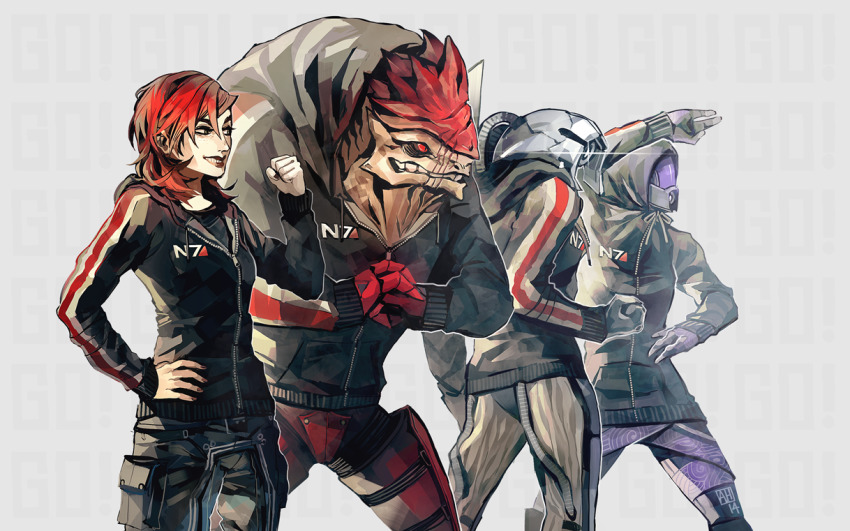 2boys 2girls alien arlmuffin bad_id bad_pixiv_id clenched_hands clothed_robot commander_shepard commander_shepard_(female) fighting_stance geth helmet hood hoodie krogan kung_fu legion_(mass_effect) mass_effect_(series) mass_effect_2 matching_outfits multiple_boys multiple_girls quarian robot scar tali&#039;zorah urdnot_wrex