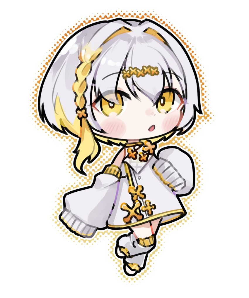 1girl :o blonde_hair blush braid chibi colored_inner_hair commentary_request commission detached_sleeves dress foot_up full_body hair_between_eyes hair_intakes hair_ornament highres korean_commentary long_sleeves looking_at_viewer mer_(mer3in) mixed-language_commentary multicolored_hair natsume_itsuki_(synthesizer_v) outline shoes sleeveless sleeveless_dress sleeves_past_fingers sleeves_past_wrists solo synthesizer_v white_dress white_hair white_shoes white_sleeves yellow_eyes