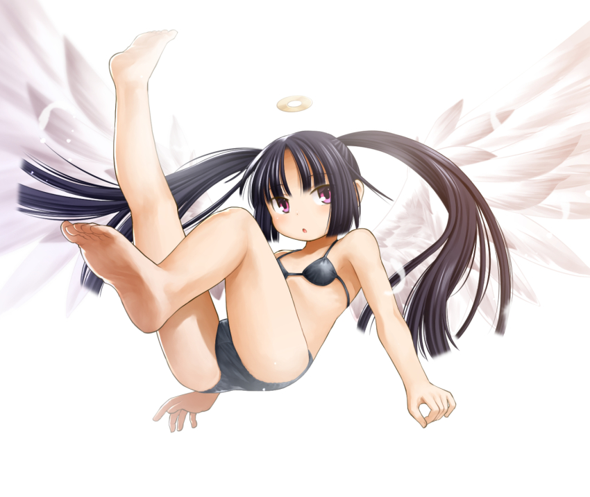 1girl barefoot bikini black_bikini black_hair character_request emil_chronicle_online falling feathered_wings female_focus flat_chest full_body halo highres kasuga_yukihito purple_eyes solo swimsuit toes twintails wings