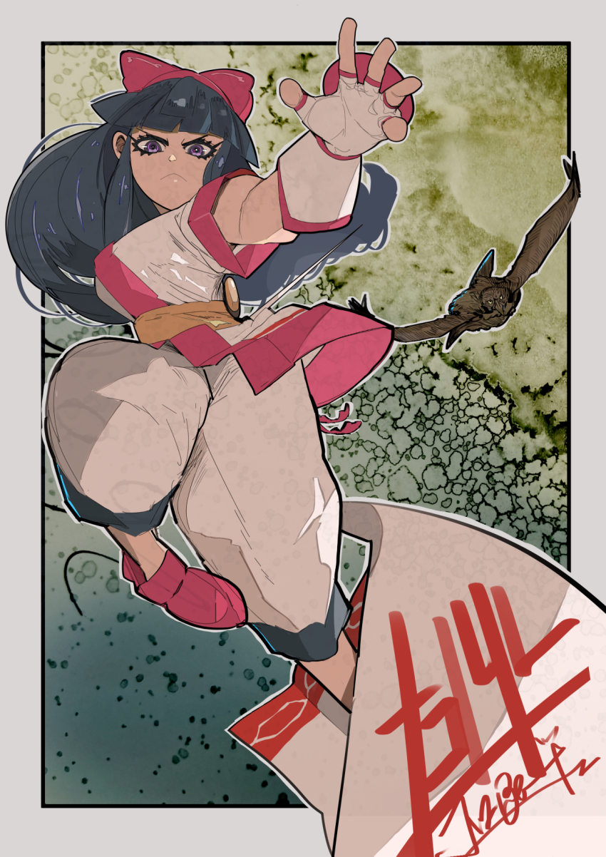 1girl ainu_clothes artist_name black_hair breasts character_name clenched_hand cliff fingerless_gloves gloves hair_ribbon highres incoming_attack jumping large_breasts leg_lift leg_up legs long_hair mamahaha nakoruru outstretched_arm pants purple_eyes purple_hair ribbon samurai_spirits serious snk the_king_of_fighters thighs translated very_long_hair weapon