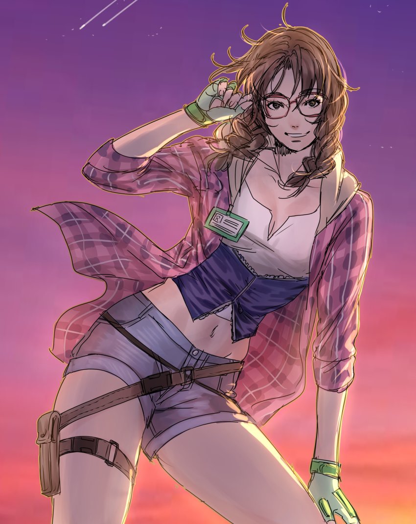1girl absurdres adjusting_eyewear belt braid breasts brown_eyes brown_hair commentary crop_top denim denim_shorts english_commentary fingerless_gloves glasses gloves green_gloves grin hand_on_own_knee hanny_(uirusu_chan) highres hood hood_down hooded_shirt julia_chang leaning_to_the_side looking_at_viewer medium_breasts medium_hair midriff namco navel open_clothes open_shirt pink_shirt pink_sky plaid_clothes plaid_shirt pouch red-framed_eyewear shirt shooting_star shorts sketch sky smile solo sunset tekken tekken_7 thigh_pouch thigh_strap twin_braids