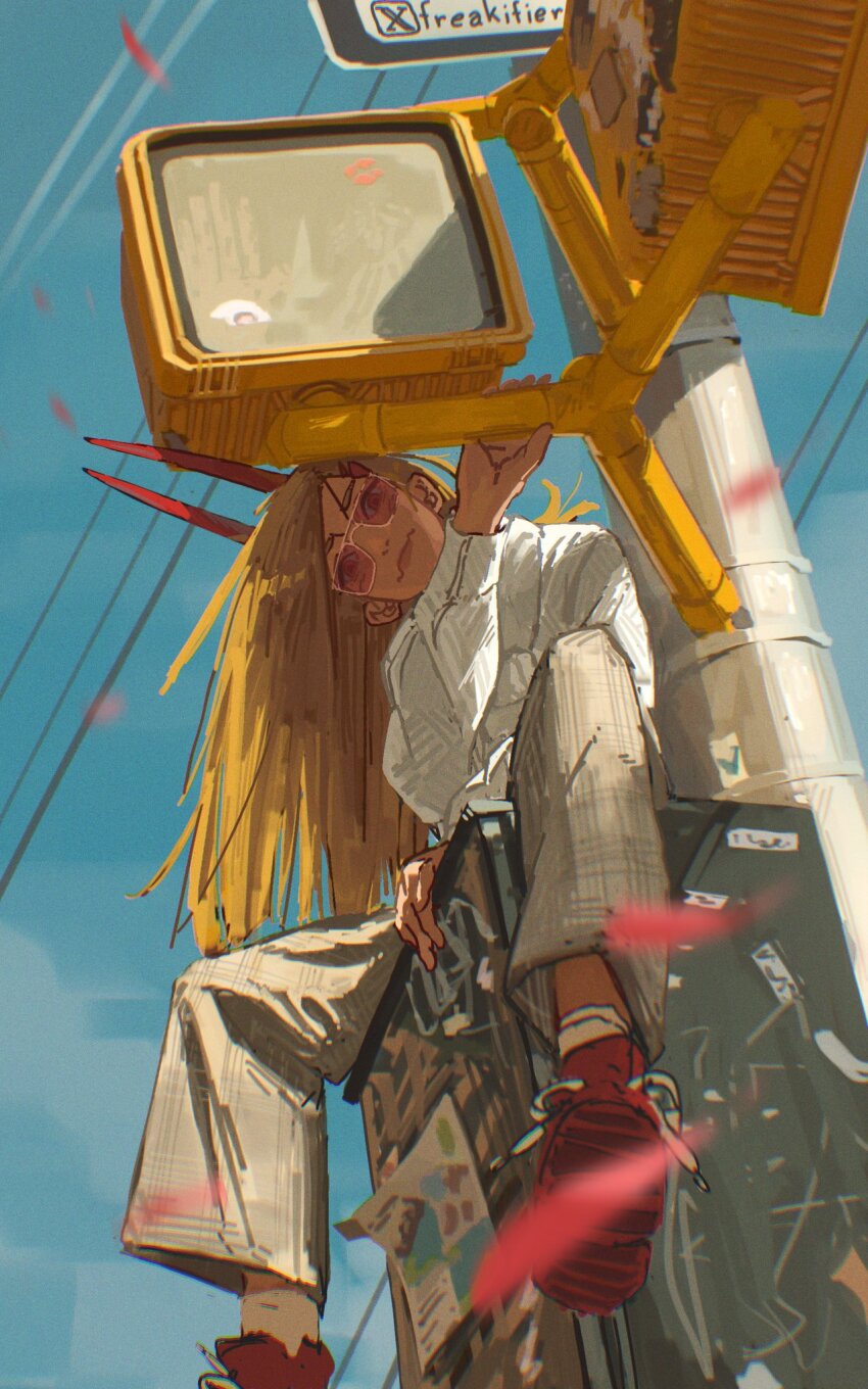1girl artist_name blonde_hair chainsaw_man collared_shirt cross-shaped_pupils demon_girl demon_horns freakifier highres horns long_hair looking_at_viewer power_(chainsaw_man) power_lines red_horns red_shoes shirt shoes sitting socks solo sunglasses symbol-shaped_pupils traffic_light white_shirt white_socks