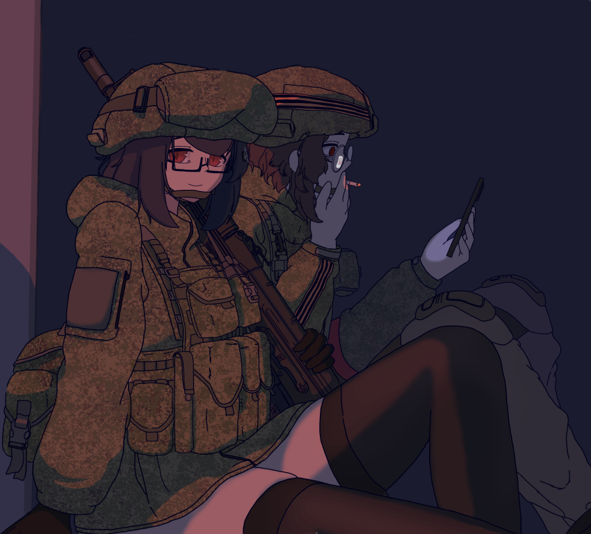 1girl 2girls ak-74 ammunition_pouch among_us assault_rifle b1-517 borrowed_character brown_hair brown_pants bulletproof_vest camouflage cigarette combat_helmet digital_camouflage glasses goggles goggles_on_headwear gun helmet highres holding holding_phone jacket kalashnikov_rifle knee_pads light_smile load_bearing_vest looking_at_phone looking_at_viewer messy_hair military military_combat_uniform military_jacket military_uniform multiple_girls original over_shoulder pants phone pouch red_eyes reflection ribbon_of_saint_george rifle round_eyewear russia russian_ground_forces russo-ukrainian_war sidelocks sitting slit_pupils smile smoking soldier sophie_rudakova straight_hair thighhighs war weapon weapon_over_shoulder zettai_ryouiki zipper