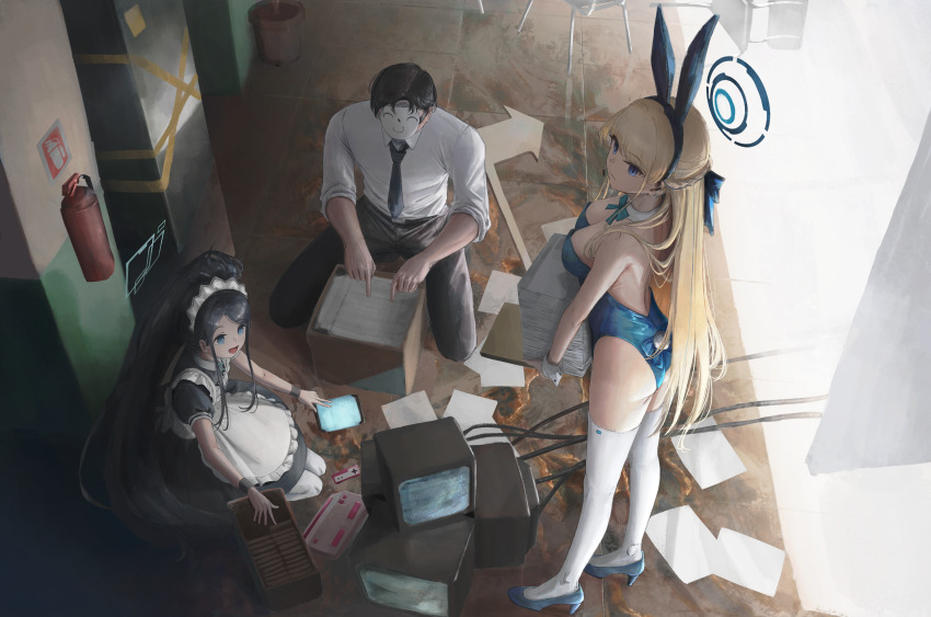 1boy 2girls absurdres apron aris_(blue_archive) ass black_hair blonde_hair blue_archive blue_eyes blue_halo breasts collared_shirt fire_extinguisher halo high_heels highres large_breasts leotard long_hair maid maid_apron maid_headdress multiple_girls necktie paper playboy_bunny sensei_(blue_archive) shirt surreal television thighhighs toki_(blue_archive) twckb very_long_hair white_thighhighs
