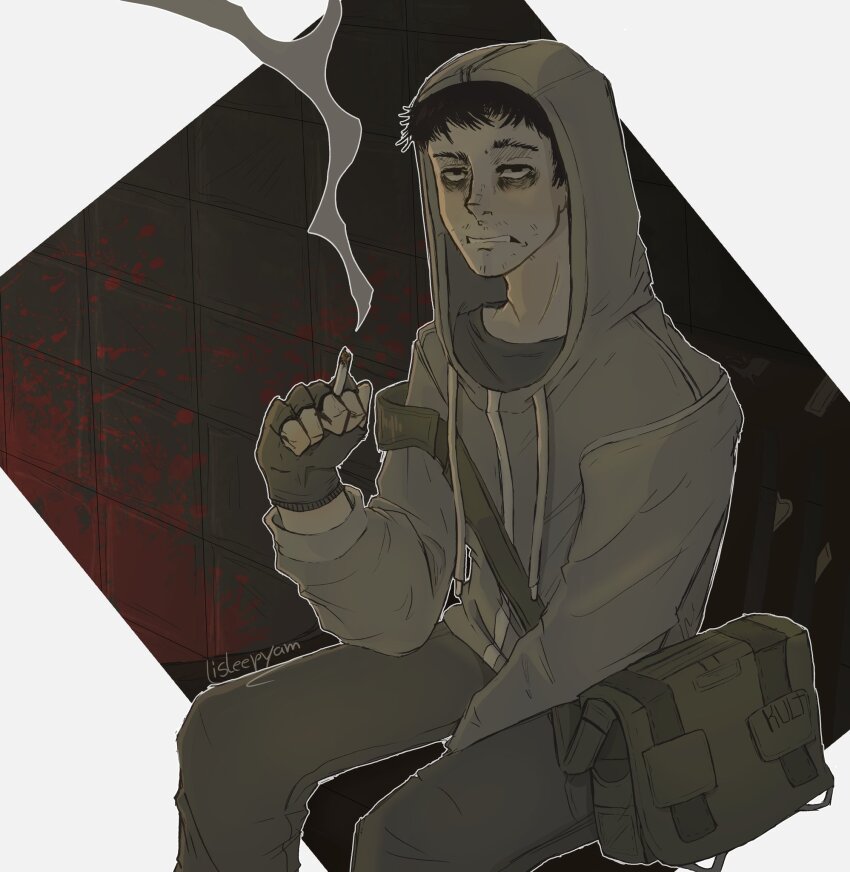 1boy bag bags_under_eyes black_eyes black_gloves black_hair blood blood_splatter border cigarette clenched_teeth cry_of_fear dirty dirty_face fingerless_gloves gloves grey_hoodie grey_shirt hand_on_lap highres holding holding_cigarette hood hood_up hoodie lisleepyam looking_at_viewer male_focus off_shoulder open_mouth outside_border raised_eyebrow shirt shoulder_bag simon_henriksson sitting smoking solo teeth tile_wall tiles upper_body white_border