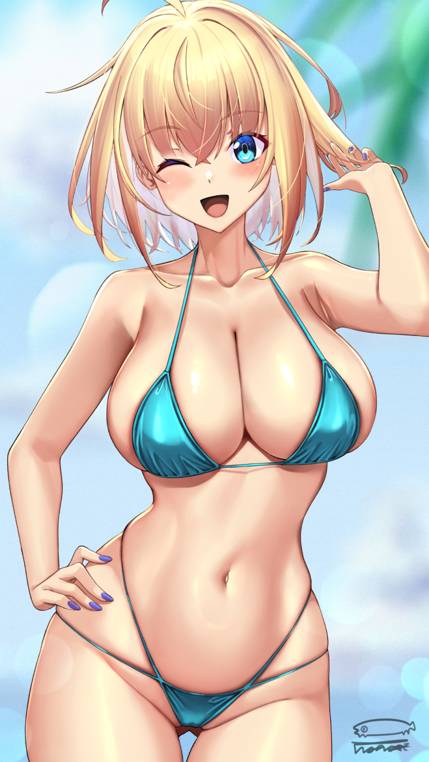 1girl aqua_bikini aqua_eyes beach bikini blonde_hair blurry blurry_background blush breasts cameltoe cleavage collarbone contrapposto covered_erect_nipples cowboy_shot curvy gluteal_fold hand_on_own_hip hand_up highres large_breasts looking_at_viewer medium_hair navel one_eye_closed open_mouth original purple_nails signature skindentation smile solo sophia_f_shirring swimsuit takamine_nadare