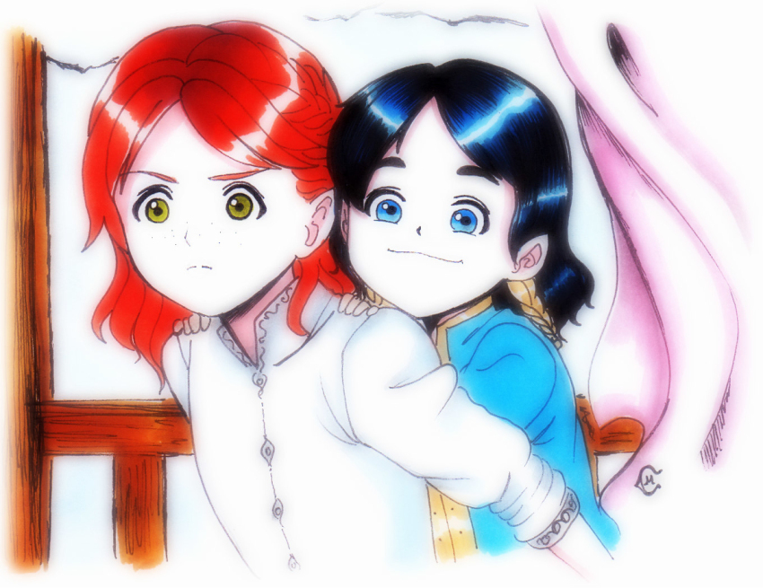 2boys aged_down black_hair blue_eyes blue_hair braid carrying child_carry cinemairon cousins curtains elf fingon freckles frown green_eyes hands_on_another&#039;s_shoulders looking_at_viewer maedhros male_focus multiple_boys pointy_ears prince red_hair smile the_silmarillion tolkien&#039;s_legendarium