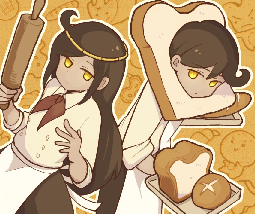 1boy 1girl baguette biscuit_(omori) bread bread_slice brown_hair dark-skinned_female dark-skinned_male dark_skin doroidsan doughie_(omori) food holding holding_rolling_pin holding_tray long_hair looking_at_viewer omori rolling_pin short_hair short_sleeves swept_bangs tray yellow_eyes