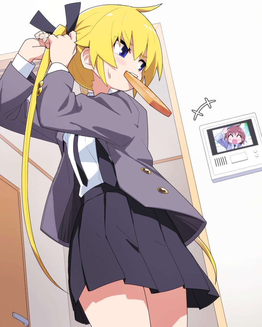 2girls adjusting_hair black_necktie black_skirt blonde_hair blue_eyes blush_stickers coat dutch_angle from_below grey_coat highres indoors kill_me_baby looking_at_another looking_back multiple_girls necktie open_clothes open_coat oribe_yasuna pleated_skirt shirt skirt slice_of_life sonya_(kill_me_baby) sweatdrop twintails white_shirt wooden_door yachima_tana