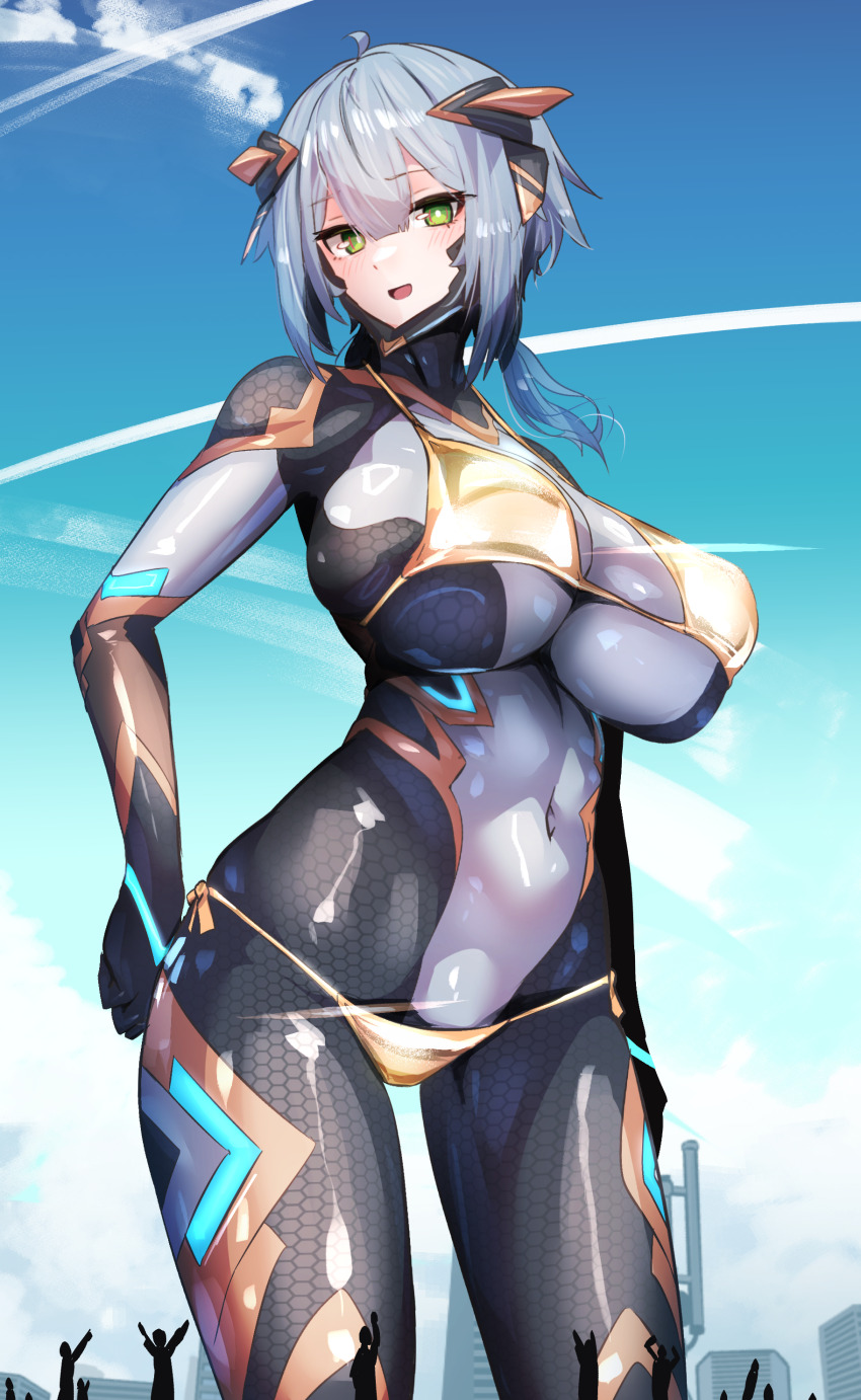 1girl absurdres bikini bikini_over_clothes blue_hair blue_sky blush bodysuit breasts cloud colossus_(natsukaze_shigure) contrail covered_navel crowd day giant giantess gold_bikini green_eyes grey_hair hair_between_eyes hand_on_own_hip hexagon_print highres huge_breasts impossible_bodysuit impossible_clothes large_breasts looking_at_viewer medium_hair multiple_others natsukaze_shigure open_mouth original outdoors shiny_clothes short_hair silhouette skin_tight sky smile solo_focus standing swimsuit variant_set yellow_bikini