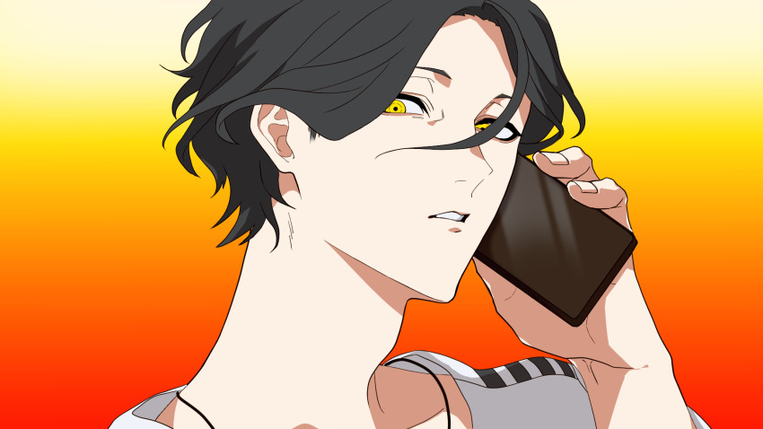 1boy black_hair commentary_request gradient_background hair_between_eyes hand_up highres holding holding_phone iwnm0313 looking_at_viewer male_focus meguriya_ayumu netsu_ijou_(utau) orange_background parted_lips phone shirt short_hair solo toshi_densetsu_kaitai_center upper_body white_shirt yellow_eyes
