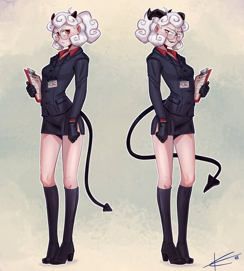 1girl absurdres black_footwear black_gloves black_jacket black_skirt blush demon demon_girl demon_horns demon_tail dual_persona eltonel evil_smile gloves helltaker highres horns jacket looking_at_viewer miniskirt pandemonica_(helltaker) red_eyes red_shirt round_eyewear shirt skirt smile standing tail white_hair
