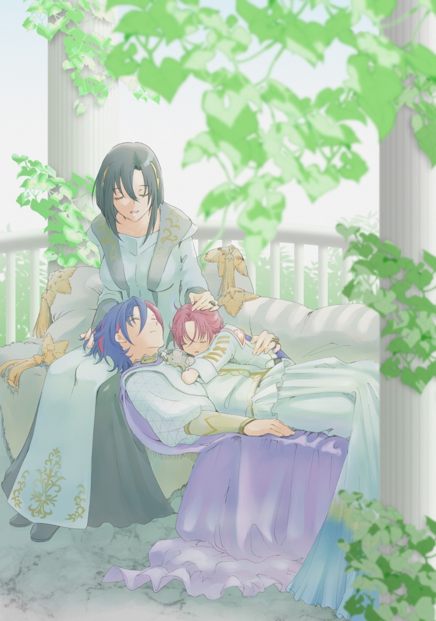 1girl 2boys absurdres aged_down black_hair blue_hair closed_eyes commentary_request crossed_bangs fire_emblem fire_emblem_engage heterochromia highres lap_pillow male_alear_(fell_dragon)_(fire_emblem) male_alear_(fell_dragon_child)_(fire_emblem) male_alear_(fire_emblem) multicolored_hair multiple_boys nel_(fire_emblem) nintendo prince red_hair toki_(xxxxxmoe1983oct) two-tone_hair