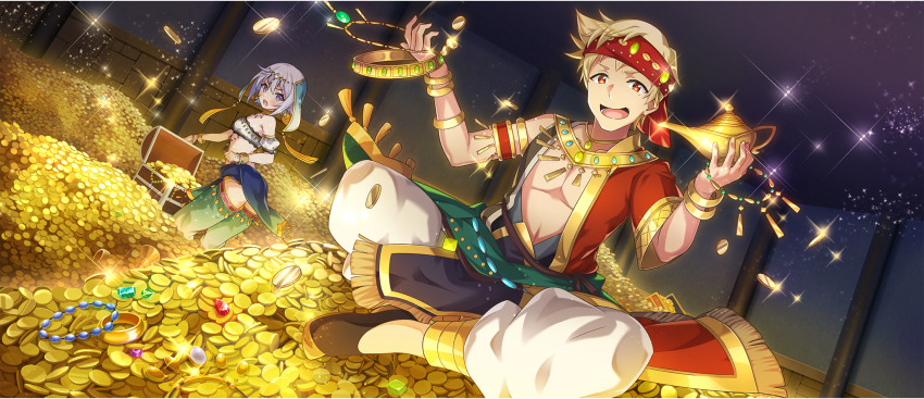 1boy 1girl aqua_pants aqua_veil armlet armpit_crease ass_cutout bandeau bangle bare_shoulders blonde_hair blue_loincloth bracelet breasts chris_(konosuba) clothing_cutout coin detached_sleeves dust_(konosuba) earrings facial_scar game_cg gold gold_coin gradient_pants grey_hair harem_outfit harem_pants headband highres holding holding_jewelry indian_style indoors jewelry kono_subarashii_sekai_ni_shukufuku_wo! konosuba!_fantastic_days loincloth looking_at_another looking_at_viewer looking_back mole mole_under_eye necklace official_alternate_costume official_art oil_lamp open_mouth pants puffy_detached_sleeves puffy_short_sleeves puffy_sleeves purple_eyes red_eyes red_headband scar scar_on_cheek scar_on_face short_hair short_sleeves side_ahoge sidelocks sitting small_breasts smile standing treasure treasure_chest v-shaped_eyebrows white_bandeau white_pants