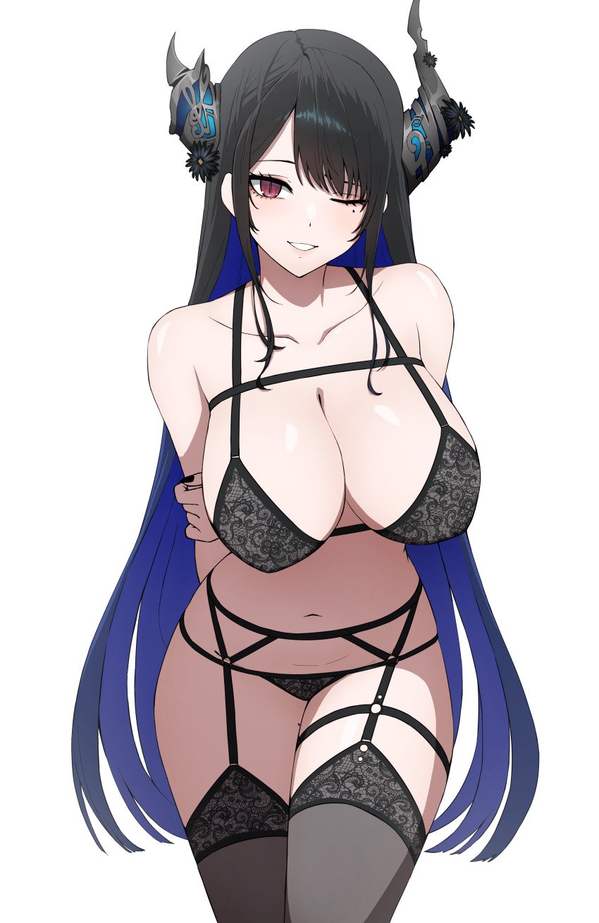 1girl absurdres arm_behind_back asymmetrical_horns black_bra black_garter_belt black_hair black_nails black_panties black_thighhighs blue_hair bra breasts cleavage collarbone colored_inner_hair commentary daydarion demon_horns english_commentary garter_belt grin highres holding_own_arm hololive hololive_english horns large_breasts lingerie long_hair looking_at_viewer mole mole_on_thigh mole_under_eye multicolored_hair navel nerissa_ravencroft one_eye_closed panties parted_lips red_eyes simple_background slit_pupils smile solo stomach thighhighs two-tone_hair underwear underwear_only uneven_horns very_long_hair virtual_youtuber white_background