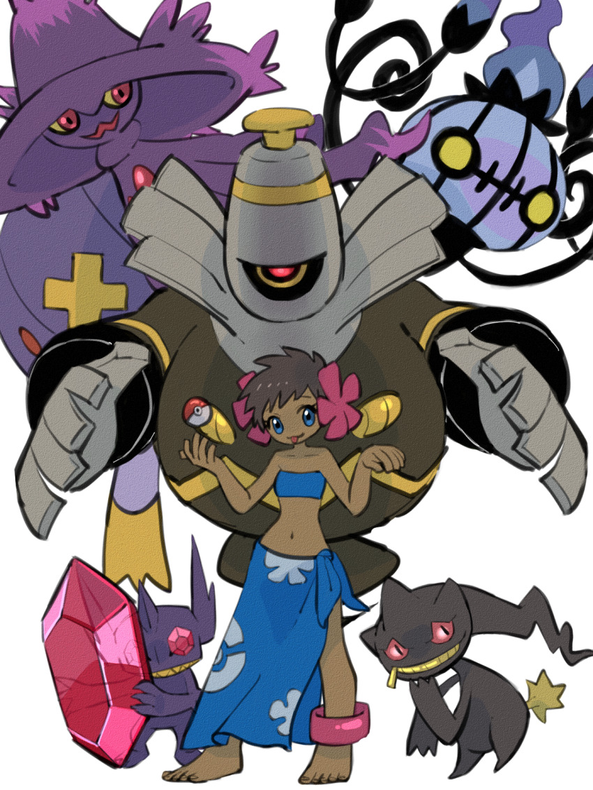 1girl anklet banette barefoot blue_eyes blue_shirt blue_skirt brown_hair chandelure drifblim dusknoir flower gen_3_pokemon gen_4_pokemon gen_5_pokemon hair_flower hair_ornament highres jewelry long_skirt mega_pokemon mega_sableye mismagius navel nintendo phoebe_(pokemon) pink_flower poke_ball pokemon pokemon_rse sableye samepaku shirt short_hair skirt smile strapless tan tongue tongue_out tube_top white_background