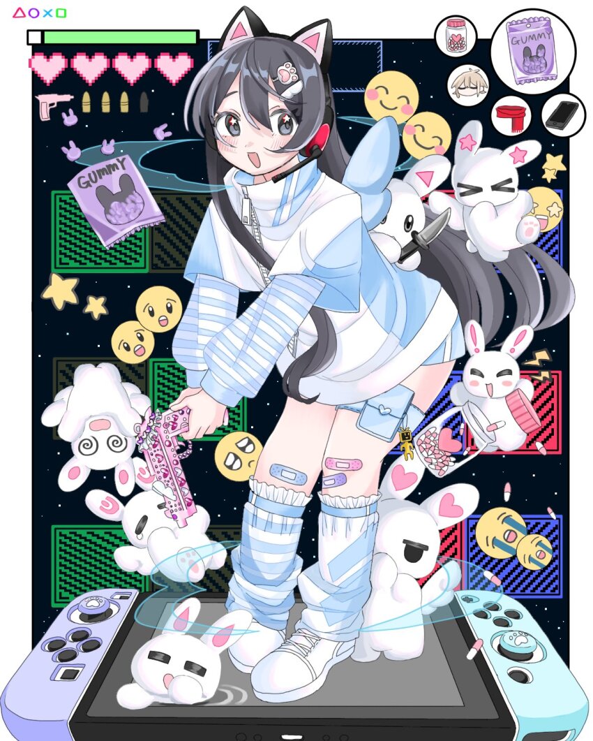 +_+ 1girl animal_ear_headphones animal_ears animal_hands bandaid bandaid_on_knee bandaid_on_leg black_hair blush bullet cat_ear_headphones cat_ears cat_paws cellphone chibi chibi_inset controller crying_emoji cyber_fashion emoji fake_animal_ears game_console game_controller gummy_candy gun hair_between_eyes hair_ornament hairclip headphones heads-up_display health_bar highres holding holding_gun holding_weapon horizontal-striped_clothes jiaojiao joy_emoji knife leg_warmers medicine medicine_bottle nintendo_switch paw_print phone pill pill_bottle playstation_symbols red_scarf sad_emoji scarf shimako_(yume_2kki) smartphone striped_clothes stuffed_animal stuffed_rabbit stuffed_toy surprised through_medium through_screen urotsuki user_interface weapon yami_kawaii yume_2kki yume_kawaii