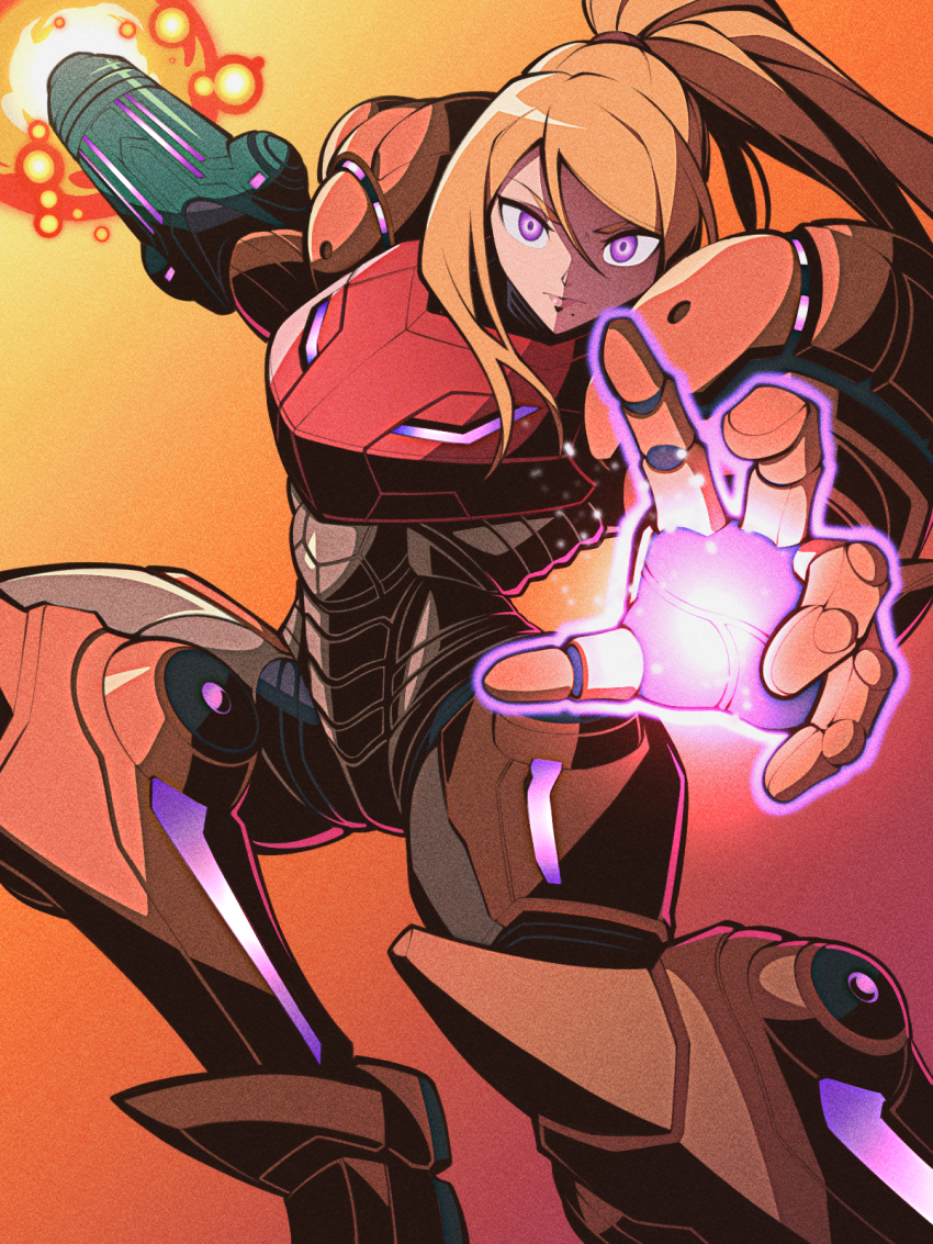1girl arm_cannon armor blonde_hair high_ponytail highres looking_at_viewer metroid nintendo offering_hand orange_background pechamaju ponytail power_armor power_suit_(metroid) purple_eyes samus_aran solo varia_suit weapon