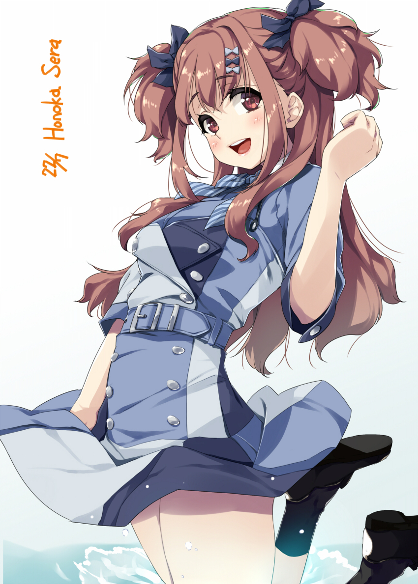 1girl 22/7 :d belt black_bow black_footwear black_socks blue_belt bow brown_eyes brown_hair character_name dress fanged_bangs from_side group_name hair_bow hair_ornament hand_up highres kisairo_kaede legs_up long_hair looking_to_the_side multicolored_dress open_mouth sera_honoka smile socks solo splashing two_side_up water white_background yes_to_no_no_aida_ni
