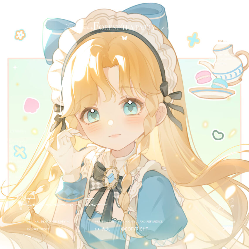 1girl :3 absurdres alice_(alice_in_wonderland) alice_in_wonderland argyle_bow argyle_bowtie argyle_clothes black_bow black_bowtie blonde_hair blue_bow blue_dress blue_eyes blue_wrist_cuffs border bow bowtie braid brooch closed_mouth collar commission detached_collar dot_nose dress eyelashes food gloves green_background hair_bow half-heart_hands happy heart highres infinity_nikki jewelry light_blush light_particles lipstick long_hair macaron maid_headdress makeup multiple_hair_bows nikki_(series) outside_border palms parted_bangs petals pink_lips plate puffy_short_sleeves puffy_sleeves sample_watermark short_sleeves side_braids smile solo spade_(shape) sparkle square_neckline tareme teapot twin_braids two-tone_bow two-tone_bowtie upper_body very_long_hair watermark white_border white_bow white_bowtie white_collar white_gloves wrist_cuffs you_yi_zhi_dawan