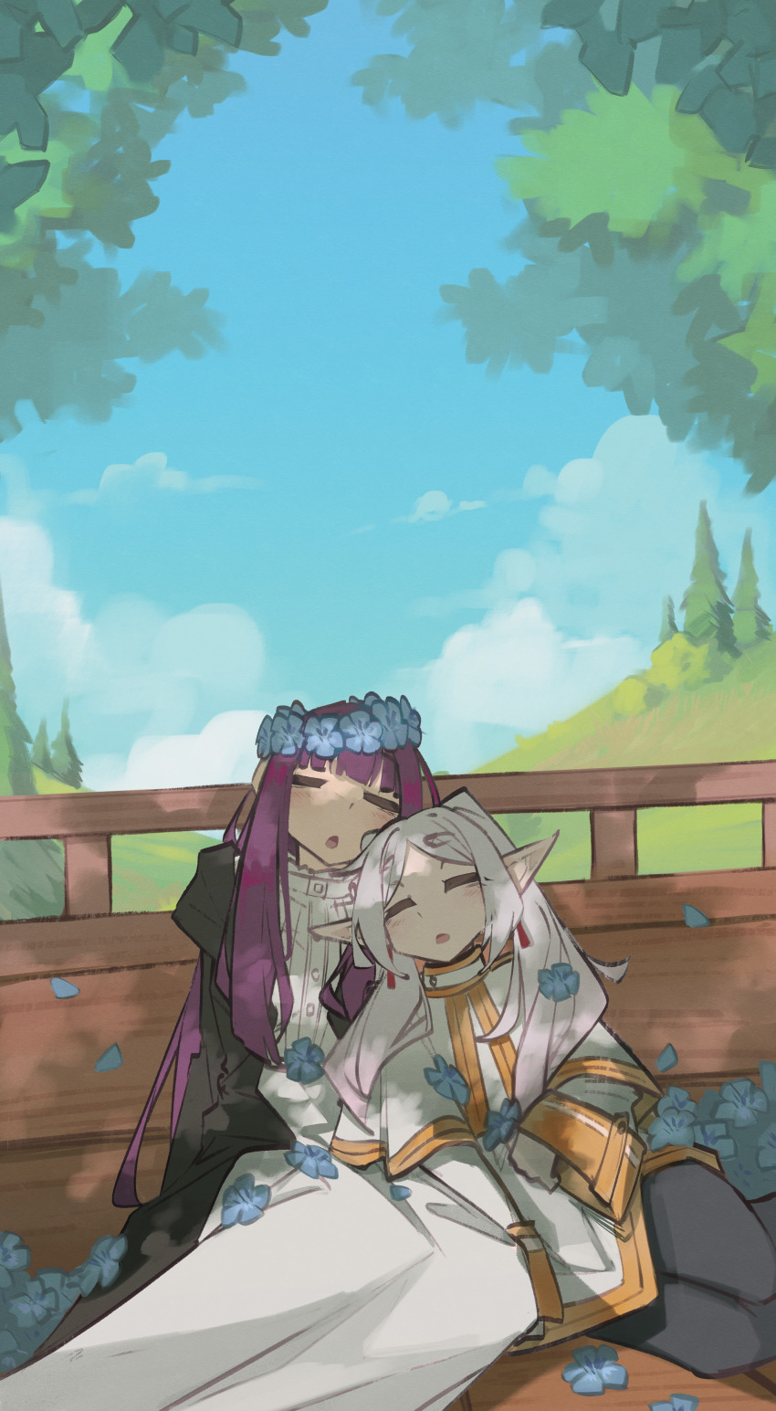 2girls absurdres black_coat black_pantyhose blue_flower blue_sky capelet cart closed_eyes cloud coat commentary dappled_sunlight day dress earrings elf english_commentary fern_(sousou_no_frieren) flower foliage frieren gold_trim head_wreath highres hill jewelry leaning_on_person long_hair multiple_girls outdoors pantyhose parted_lips pointy_ears purple_hair shirt sidelocks sitting skirt sky sleeping sousou_no_frieren sunlight togekk0 tree twintails white_capelet white_dress white_shirt white_skirt yokozuwari