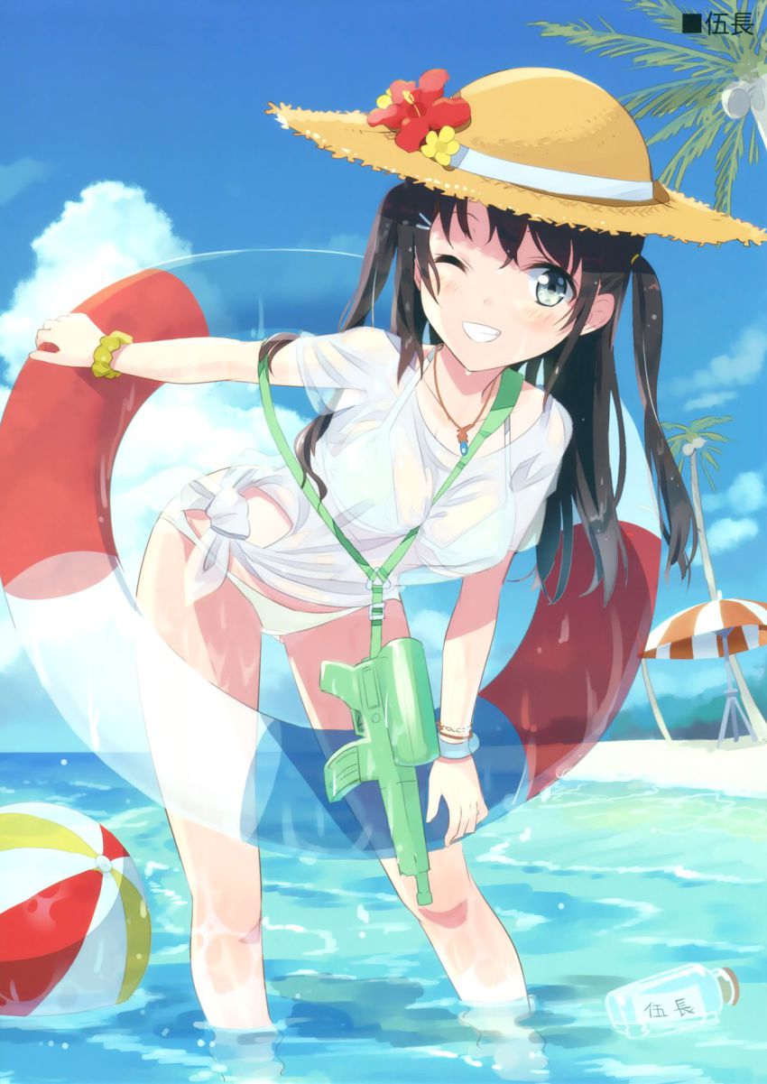 1girl bikini black_hair breasts cleavage day female_focus green_eyes hair_ornament halterneck hat highres long_hair one_eye_closed original outdoors see-through_clothes shirt solo straw_hat swimsuit tied_shirt white_bikini yadapot