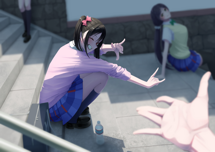 1other 3girls \m/ absurdres bag black_hair black_socks black_thighhighs blue_skirt blurry bottle brown_shoes brown_vest commentary_request depth_of_field green_eyes green_ribbon hair_ribbon highres idobata long_hair looking_at_viewer love_live! love_live!_school_idol_project low_twintails multiple_girls neck_ribbon one_eye_closed otonokizaka_school_uniform outstretched_hand pink_ribbon pink_sweater pov purple_hair ribbon school_bag school_uniform shirt shoes sitting sitting_on_stairs skirt smile socks stairs sweater thighhighs tojo_nozomi twintails vest water_bottle white_shirt yazawa_nico