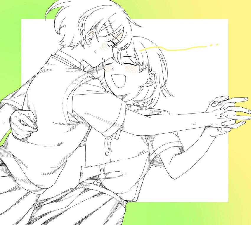 2girls :d blush closed_eyes collared_shirt commentary dress_shirt futsuu_no_keion-bu hair_ornament hairpin hand_on_another&#039;s_back happy hatono_chihiro highres holding_hands interlocked_fingers kouyama_rin lineart multiple_girls nervous open_mouth parted_lips partially_colored pleated_skirt rra_(yj) school_uniform shirt shirt_tucked_in short_hair short_sleeves skirt smile sweater_vest upper_body wing_collar