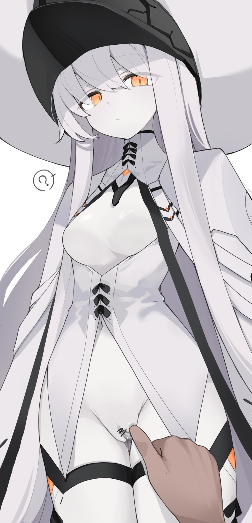 1boy 1girl ? absurdres bar_censor blue_archive breasts censored cloak dress hair_over_one_eye hat highres large_hat long_hair looking_at_viewer malkuth_(blue_archive) medium_breasts mikozin navel orange_eyes pale_skin pussy sidelocks spread_pussy thigh_strap very_long_hair white_cloak white_dress white_hair white_hat