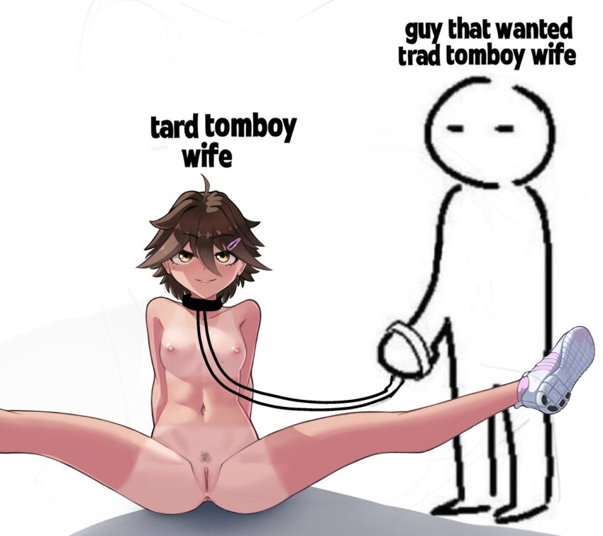1boy 1girl =_= anus arms_behind_back bdsm breasts brown_hair cleft_of_venus collar commentary completely_nude english_commentary english_text female_pubic_hair hair_ornament hairclip kyoko_(madaotheory) leash looking_at_viewer madaotheory navel nipples nude original parted_lips pubic_hair pussy short_hair simple_background sitting slave small_breasts spread_legs tan tanline thighs tomboy uncensored white_background