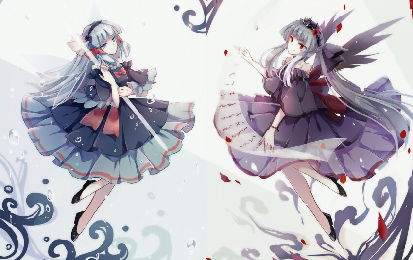 2girls adapted_costume akinomiya_asuka black_hairband black_ribbon black_shoes blue_dress blue_eyes blue_hair blunt_bangs bow closed_mouth commentary_request dress expressionless flat_chest flower green_hair hair_flower hair_ornament hair_ribbon hairband highres multiple_girls mystical_power_plant original petals ponytail purple_dress purple_flower red_bow red_eyes red_flower red_ribbon ribbon riverbed_soul_saver shoes suitenguu_no_himemiko suitokuin_tenmu touhou