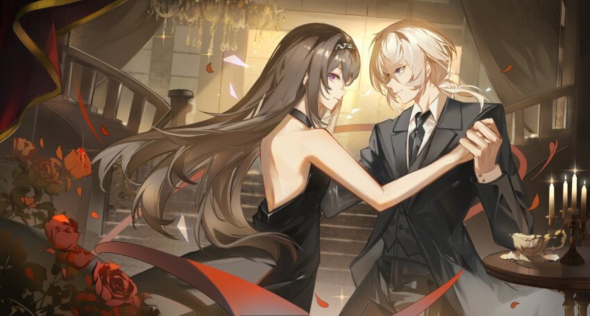1boy 1girl arknights backless_dress backless_outfit black_dress black_jacket black_necktie black_pants brown_hair candle chandelier collared_shirt dancing doctor_(arknights) dress flower grey_eyes hairband hetero highres holding_hands indoors jacket long_hair looking_at_another looking_back male_doctor_(arknights) necktie pants priestess_(arknights) purple_eyes red_flower red_rose rose shirt sleeveless sleeveless_dress stairs suit_jacket upper_body vest white_hair white_shirt yuki_sweet_tea