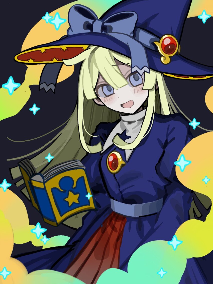 1girl belt blonde_hair blue_belt blue_bow blue_dress blue_eyes blunt_bangs blush book bow dress floating floating_book floating_object hat hat_bow highres jsjefff long_hair long_sleeves looking_at_viewer madou_monogatari official_alternate_costume open_book open_mouth puyopuyo puyopuyo_quest simple_background smile smoke solo sparkle star_(symbol) witch witch_(puyopuyo) witch_hat