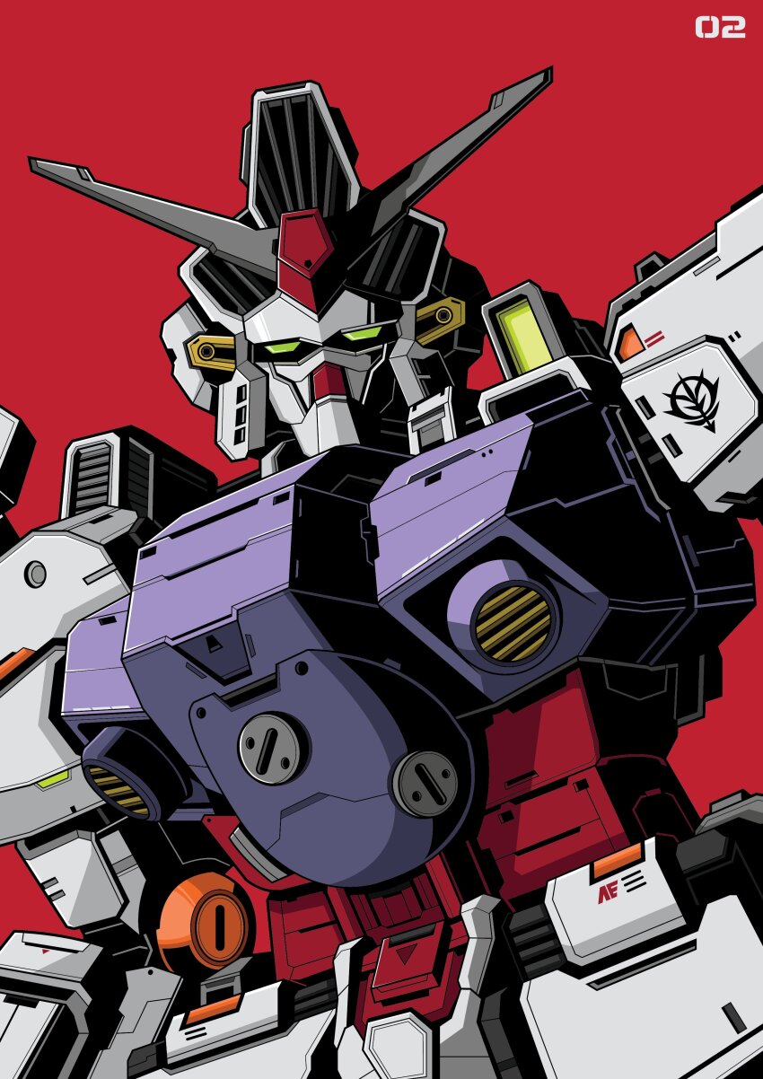 absurdres anaheim_electronics commentary english_commentary green_eyes gundam gundam_0083 gundam_gp-02_physalis highres looking_at_viewer mecha mecha_focus mobile_suit no_humans red_background robot roundel science_fiction simple_background upper_body v-fin voxiela zeon