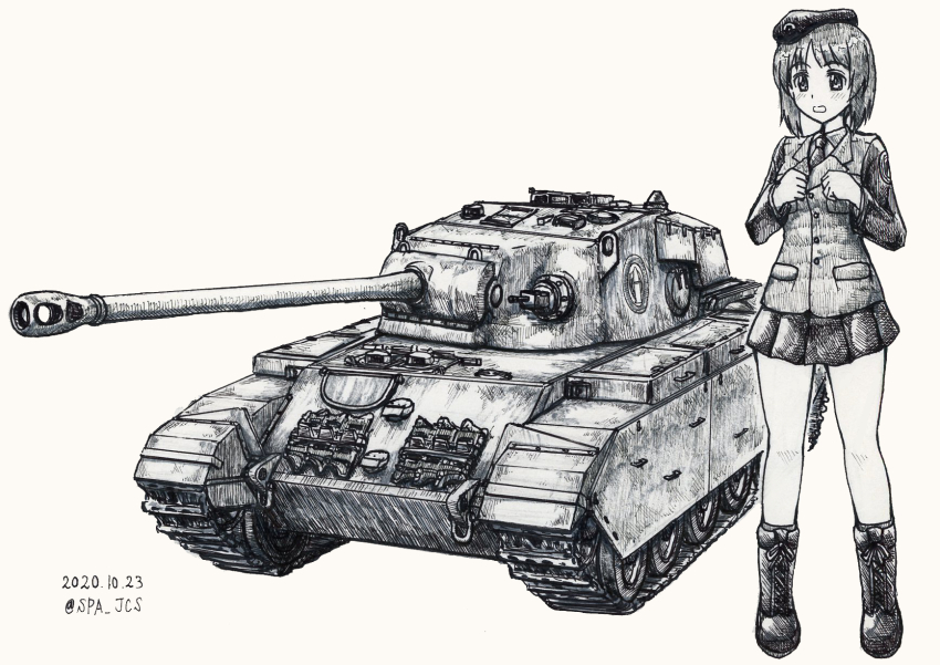 1girl beret boots centurion_(tank) commentary dated dress_shirt emblem girls_und_panzer greyscale hat highres jacket japanese_tankery_league_(emblem) long_sleeves looking_to_the_side military_hat military_uniform military_vehicle miniskirt monochrome motor_vehicle nishizumi_miho nspa_(spa-jcs) open_mouth pleated_skirt selection_university_(emblem) selection_university_military_uniform shirt short_hair skirt solo standing tank twitter_username
