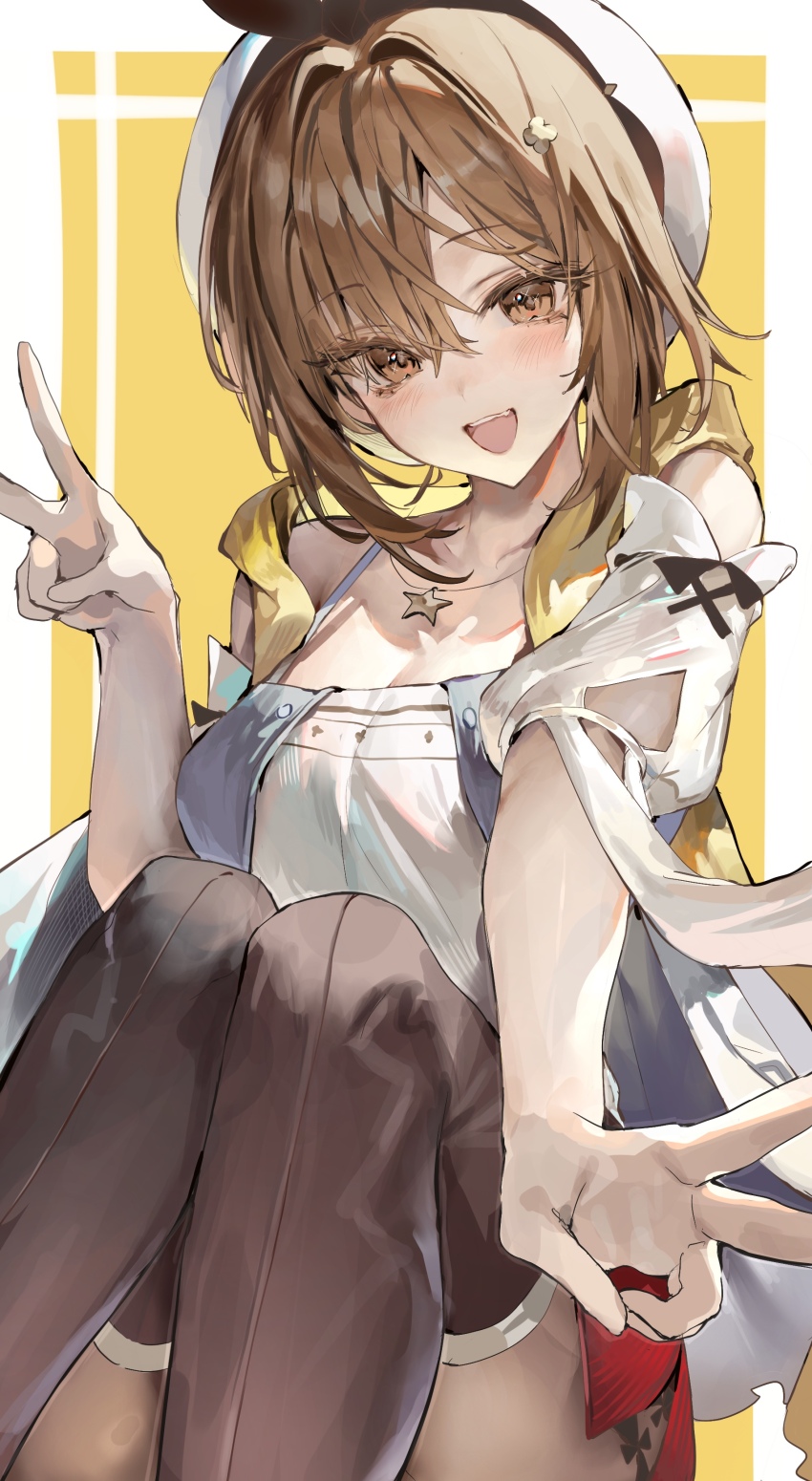 1girl absurdres atelier_(series) atelier_ryza beret blush breasts brown_eyes brown_hair cleavage commentary_request double_v hair_intakes hat highres jacket jewelry kabi_(zcwd8845) large_breasts looking_at_viewer necklace open_mouth red_shorts reisalin_stout short_hair short_shorts shorts simple_background sleeveless sleeveless_jacket smile solo star_(symbol) star_necklace thighs v white_hat yellow_background yellow_jacket