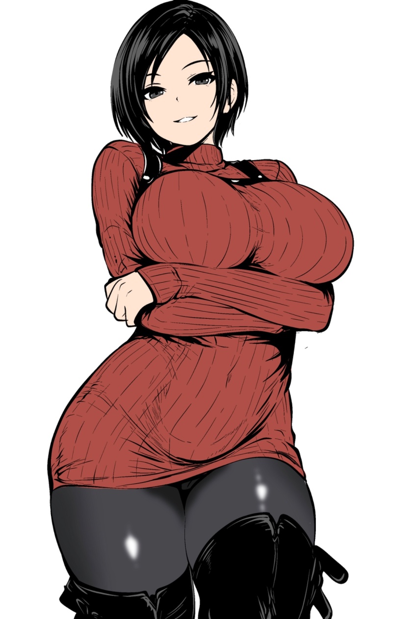 1girl ada_wong arms_under_breasts black_boots black_hair black_pantyhose boots breasts chest_harness commentary cowboy_shot crossed_arms ding36 dress grey_eyes harness highres holster large_breasts long_sleeves looking_at_viewer pantyhose parted_lips red_sweater resident_evil resident_evil_4 resident_evil_4_(remake) ribbed_sweater short_hair smile solo sweater sweater_dress thick_thighs thigh_boots thighs tight_clothes tight_dress turtleneck turtleneck_sweater white_background