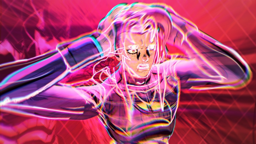 chromatic_aberration diavolo highres jojo_no_kimyou_na_bouken king_crimson_(stand) koishit_(artist) patterned_background scared shocked_pupils silhouette vinegar_doppio