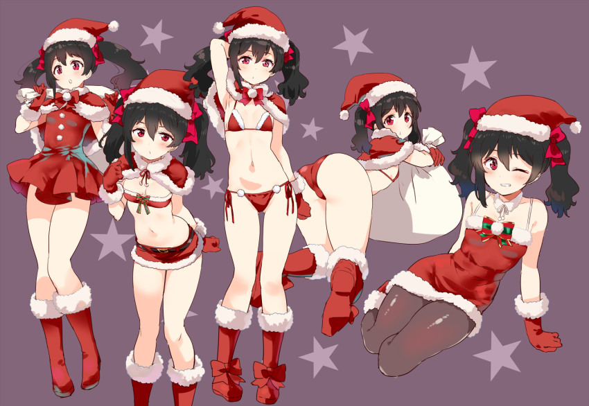 1girl ;) ass bandeau bikini black_hair black_pantyhose boots bow capelet christmas closed_mouth fur_trim gloves hat kurokawa_makoto looking_at_viewer love_live! love_live!_school_idol_project multiple_views one_eye_closed pantyhose red_bikini red_bow red_capelet red_eyes red_footwear red_gloves red_headwear sack santa_bikini santa_costume santa_hat short_sleeves side-tie_bikini_bottom simple_background sitting smile standing string_bikini swimsuit twintails yazawa_nico